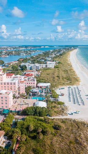Aerial of St. Pete Beach with white sand and turquoise Gulf water